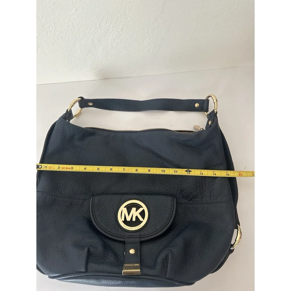 Michael Kors Fulton Large Hobo Shoulder Bag Navy Blue Pebbled Leather Gold MK